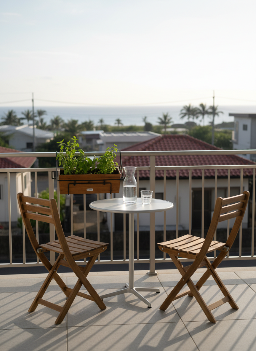 A cozy balcony space of an Okinawa monthly rental, overlooking a quiet residential neighborhood with low rooftops and a hint of blue ocean on the horizon, slightly out of focus. The balcony features two compact foldable wooden chairs and a small round table with a smooth white top, holding a simple glass carafe of water and a clear tumbler. The floor is finished with light gray tiles, and a modest railing planter box hosts thriving green herbs. Early morning natural light bathes the scene, casting long, soft shadows and a gentle glow. Shot from a standing eye-level angle, in clean photographic realism, the mood is relaxed, airy, and ideal for guests enjoying extended stays.