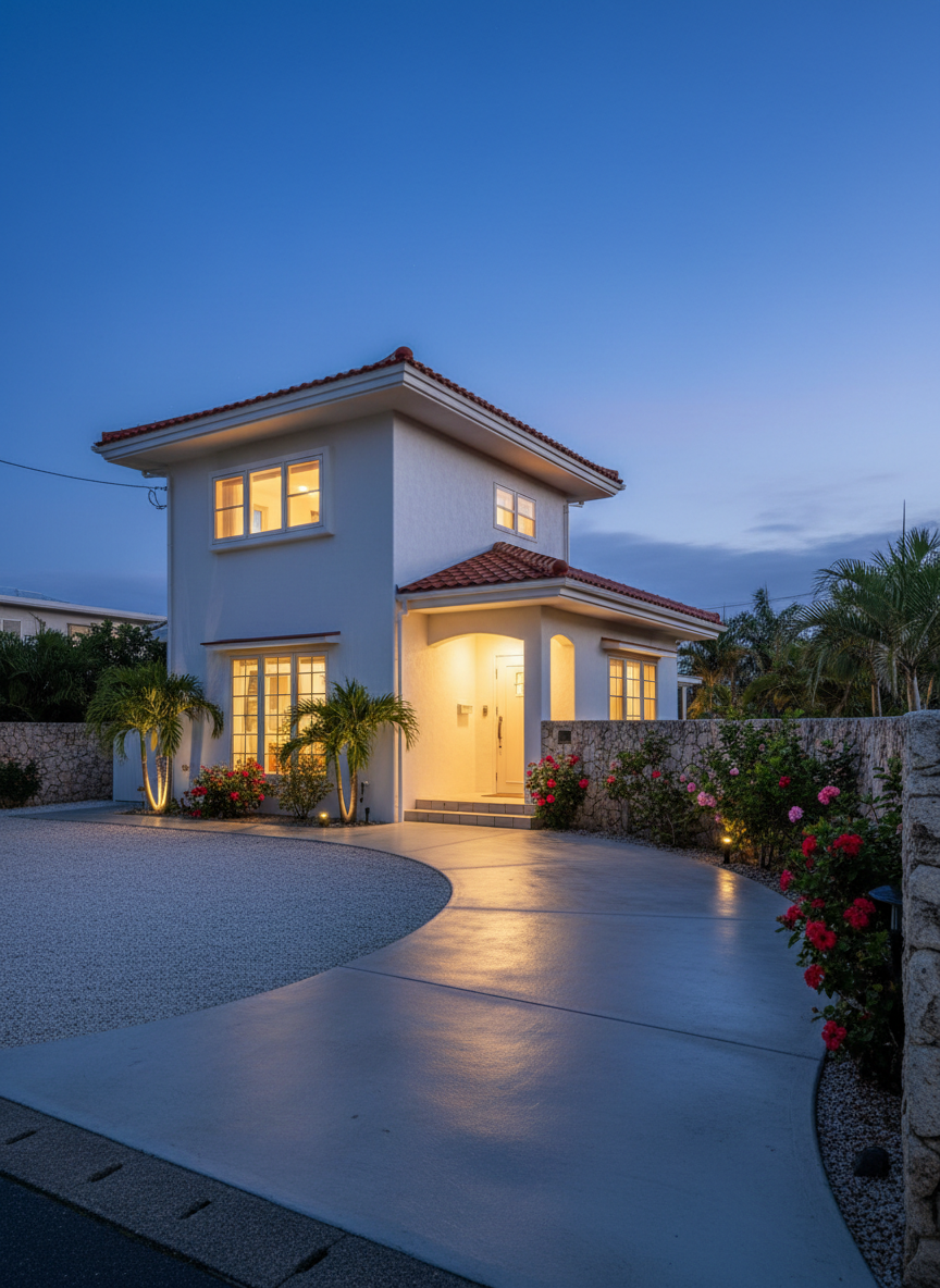 An elegant exterior view of a compact, two-story Okinawan-style vacation home at dusk, with a clean white facade, flat tiled roof, and a neatly maintained gravel driveway. Warm light glows from the large windows, suggesting a cozy interior, while subtle garden lighting illuminates manicured tropical plants, including small palm trees and hibiscus shrubs along a low stone wall. The sky is a deep blue transitioning to twilight, with soft ambient light reflecting on the smooth concrete path leading to the entrance. Captured from a slightly low, angled perspective to showcase the structure’s proportions, with balanced composition and photographic realism, the scene feels secure, inviting, and professionally managed, suitable for both short-term and monthly stays.