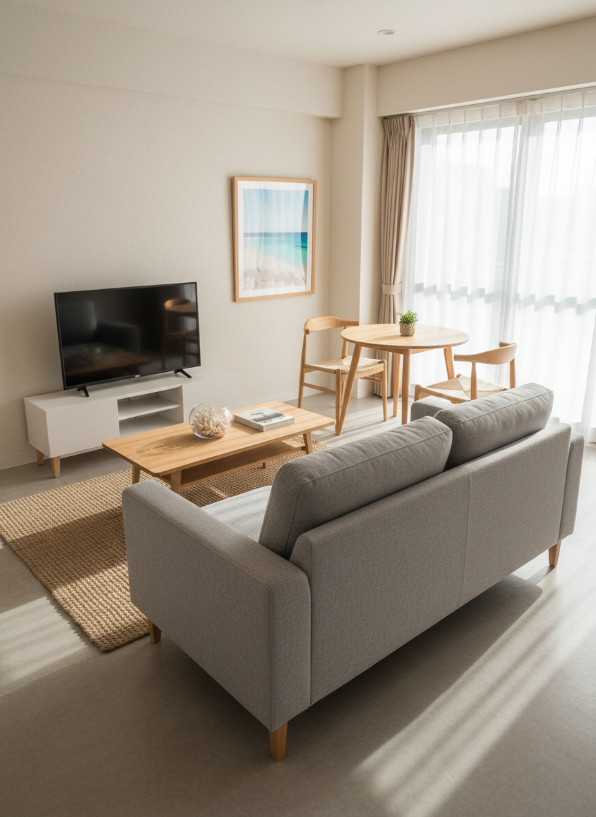 A bright, compact living-dining area of a modern Okinawa vacation rental, featuring a light gray fabric sofa with clean lines, a natural wood coffee table, and a simple white TV console against a textured off-white wall. A small dining nook with two wooden chairs and a neat table is positioned beside a window dressed with sheer beige curtains. Soft afternoon sunlight filters in, casting gentle highlights on the wood grain and subtle shadows on the floor. A few tasteful coastal accents, such as a framed photograph of an Okinawan beach and a small glass bowl with coral pieces, add local character. Photographic realism, shot from a wide-angle, slightly elevated corner to capture the full layout, creating a spacious, orderly, and professional atmosphere for extended stays.