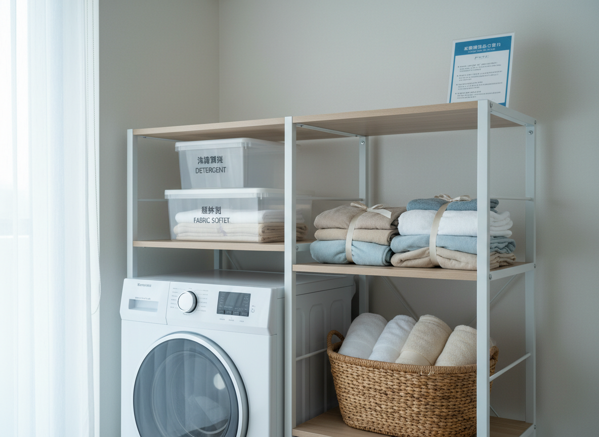 A neatly arranged amenities corner in an Okinawan vacation rental, designed for long-term comfort, with a compact shelving unit in white metal and light wood holding essentials. Visible are a small, modern washing machine, a wicker basket with folded towels, labeled storage boxes for detergents, and a row of neatly arranged spare linens in soft neutral tones. A laminated bilingual information card is propped on the top shelf, slightly readable but not dominant. Cool natural daylight from a nearby window illuminates the scene evenly, highlighting the textures of fabric and wicker. Shot from a slightly elevated angle with clear, realistic detail, the composition feels practical, reassuring, and highly organized, emphasizing the property’s suitability for monthly stays.
