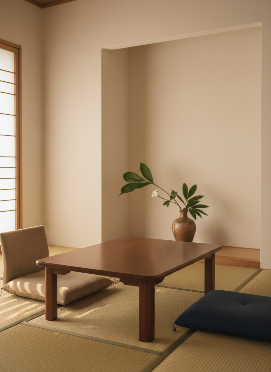 A serene, minimalist tatami room corner designed for relaxation in a professional Okinawa vacation rental, featuring fresh straw tatami mats, a low dark-wood table with smooth rounded edges, and two floor cushions in muted sand and navy tones. A simple alcove displays a single pottery vase in earthy brown, holding a carefully arranged branch of tropical foliage. Soft, diffused late-afternoon light enters through shoji-style sliding screens, creating delicate shadows on the tatami texture. The background is uncluttered, with a plain, pale cream wall. Captured at a low, eye-level angle with shallow depth of field emphasizing the table and cushions, in calm photographic realism. The atmosphere is peaceful, refined, and ideal for guests seeking a quiet long-term stay.